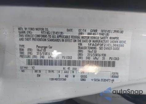 2014 Ford Focus Se z USA, uszkodzony, nr VIN 1FADP3F23EL369390